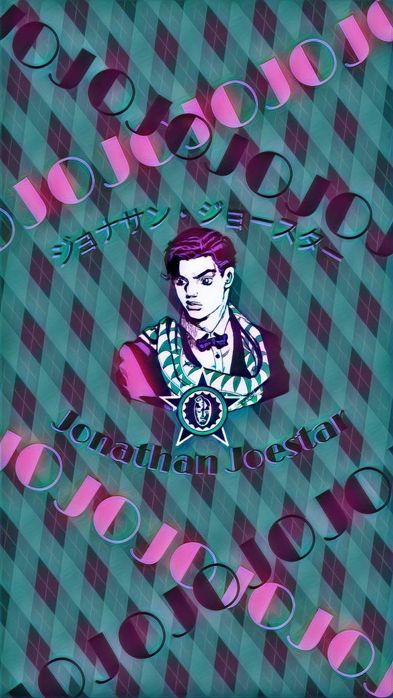 Jojo Phone 約翰·喬斯達 壁紙 — 一幅風格化的動畫肖像，主角是喬納森·喬斯達，居中於青綠色和洋紅色的鑽石圖案背景上，並帶有重複的JoJo文字。