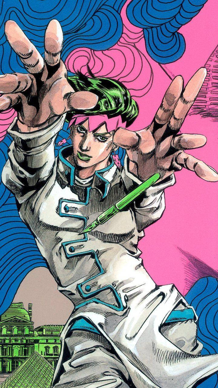 Jojo Phone 羅漢·奇希比 壁紙 — 一個充滿活力的動漫角色，粉紅色頭髮和綠色眼睛，在充滿活力的粉紅色和藍色漩渦背景前伸出雙手。