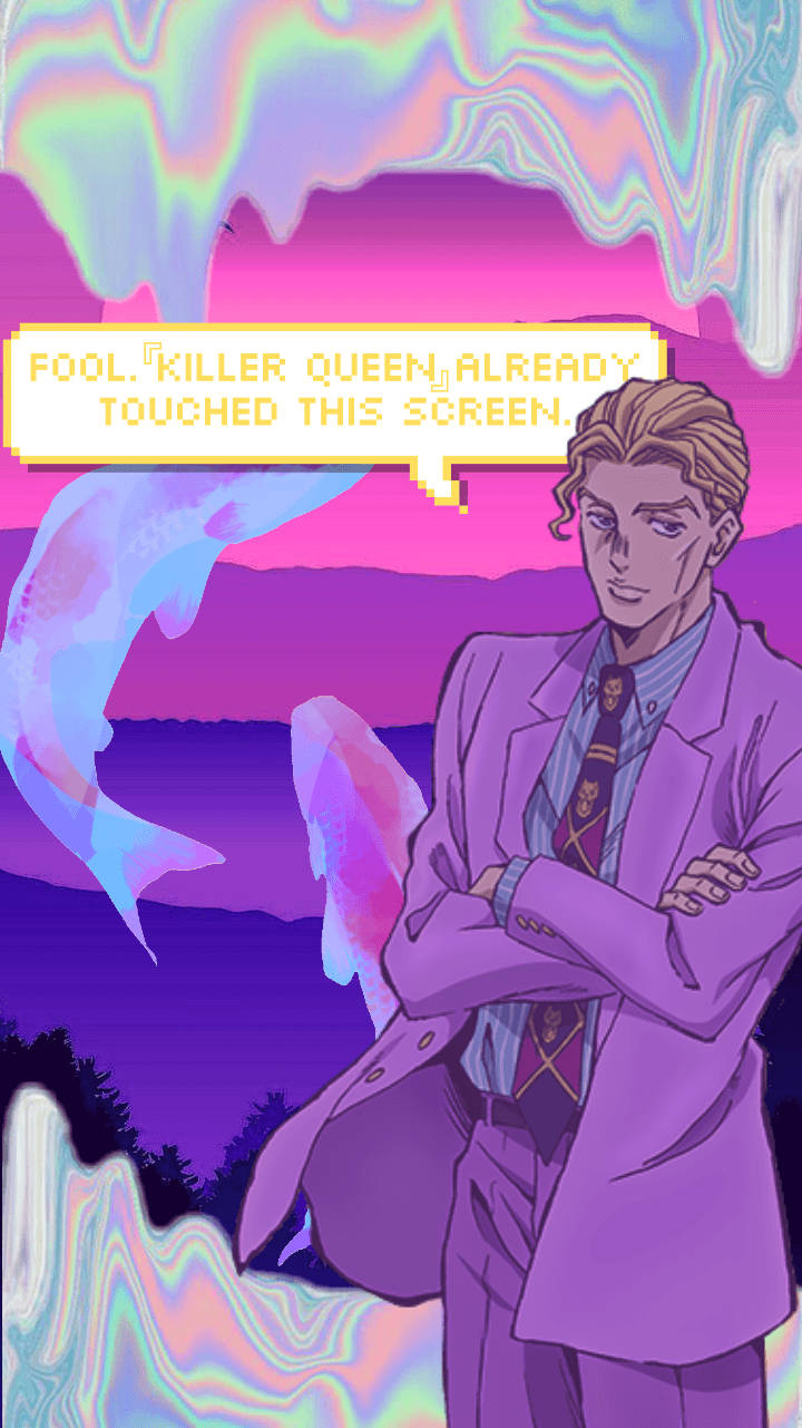 Jojo Phone 羽赫·基拉 壁紙 — 一個自信的動漫男子穿著紫色西裝，站在迷幻漸變天空前，有發光的魚和對話氣泡。