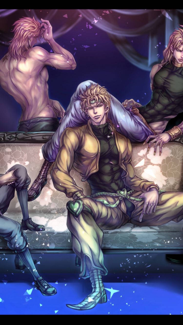 Jojo Phone 迪奧·布蘭度 壁紙 — 四個肌肉發達的動漫角色，有粉紅色和金色頭髮，坐在或站在一個有圖案的長椅上，背景是紫色窗簾和漂浮的閃光。