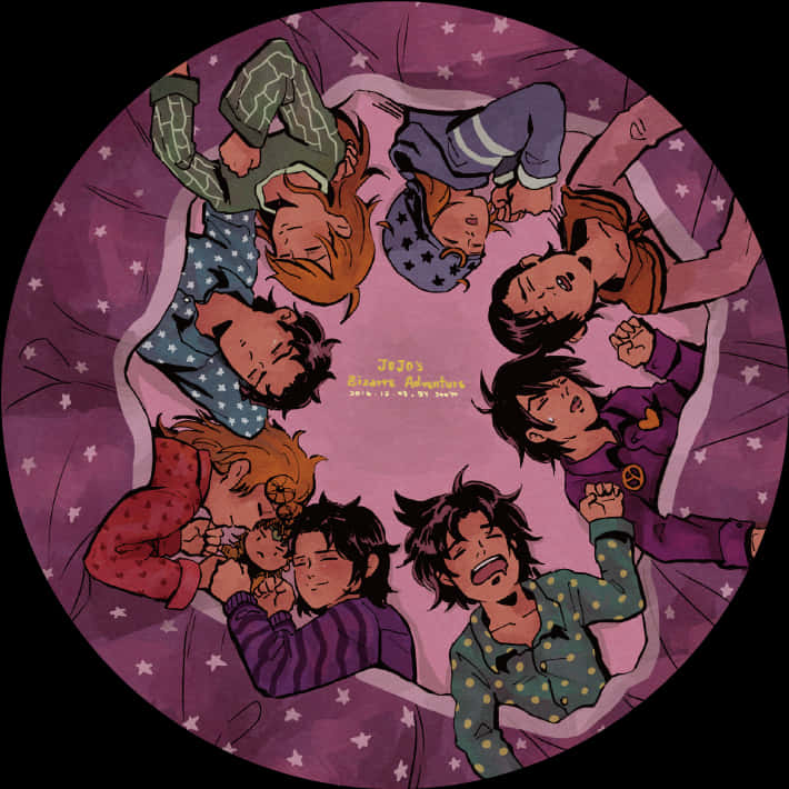 JoJo的奇妙冒險：友誼圓圈 壁紙 — 七個穿著睡衣的動漫角色在星星圖案的紫色毯子上圍成一圈睡覺。