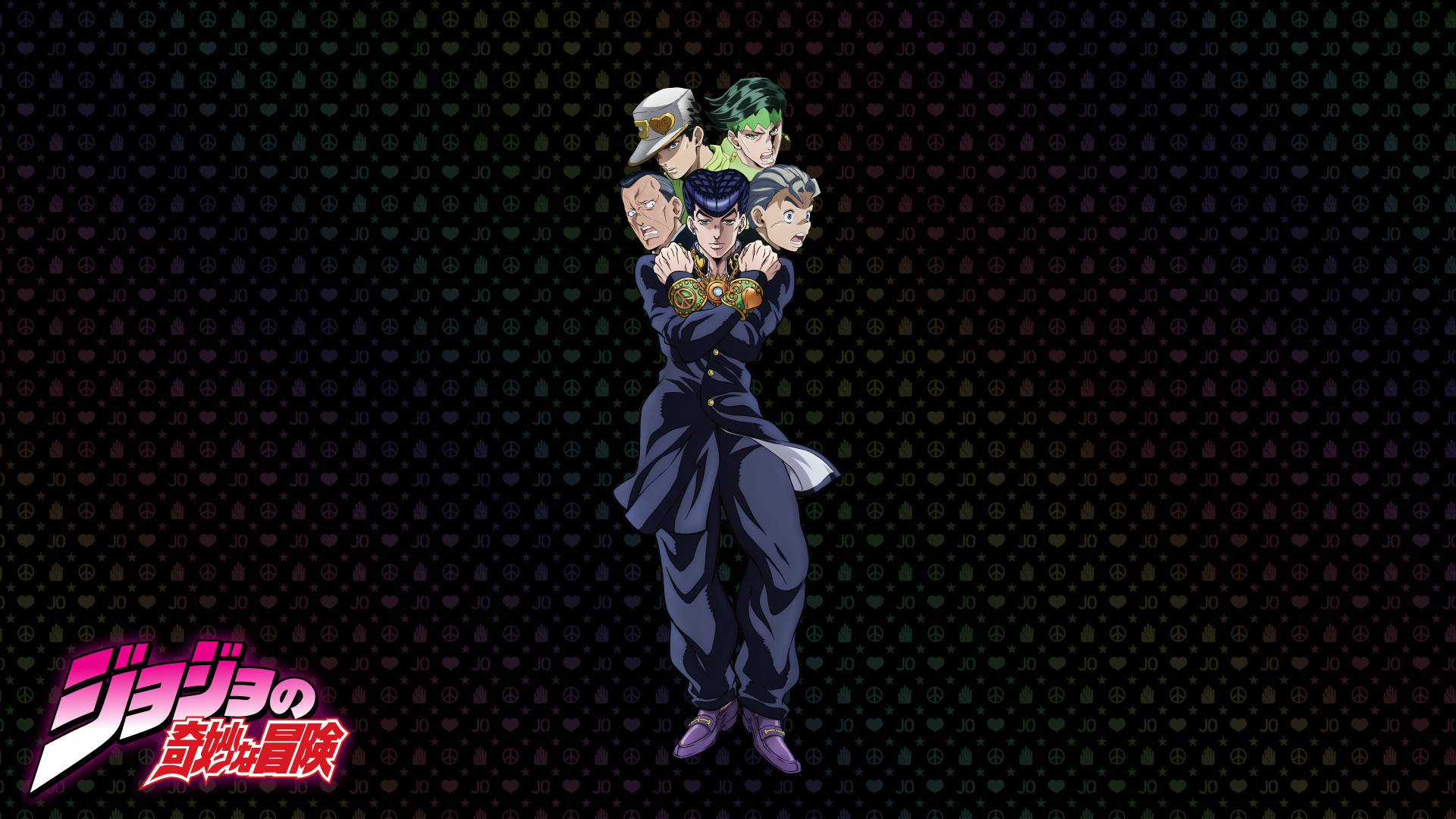 JoJo’s Bizarre Adventure - Josuke 與眾角色同框 壁紙 — 五個擁有不同髮型和服裝的動漫角色，在帶有重複符號的深色背景前擺出動態姿勢。