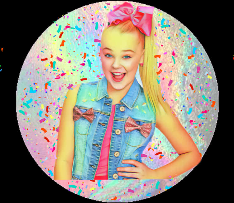 JoJo Siwa 閃耀背景 壁紙 — 一個快樂的女孩，戴著粉紅色蝴蝶結和牛仔背心，在充滿五彩紙屑的圓形背景前燦爛微笑。