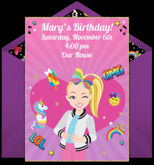 JoJo Siwa主題動畫生日請柬 壁紙 — 一張充滿活力的粉紅色生日邀請函， featuring JoJo Siwa 配彩虹髮帶和獨角獸，周圍環繞著星星和流行文化圖標。