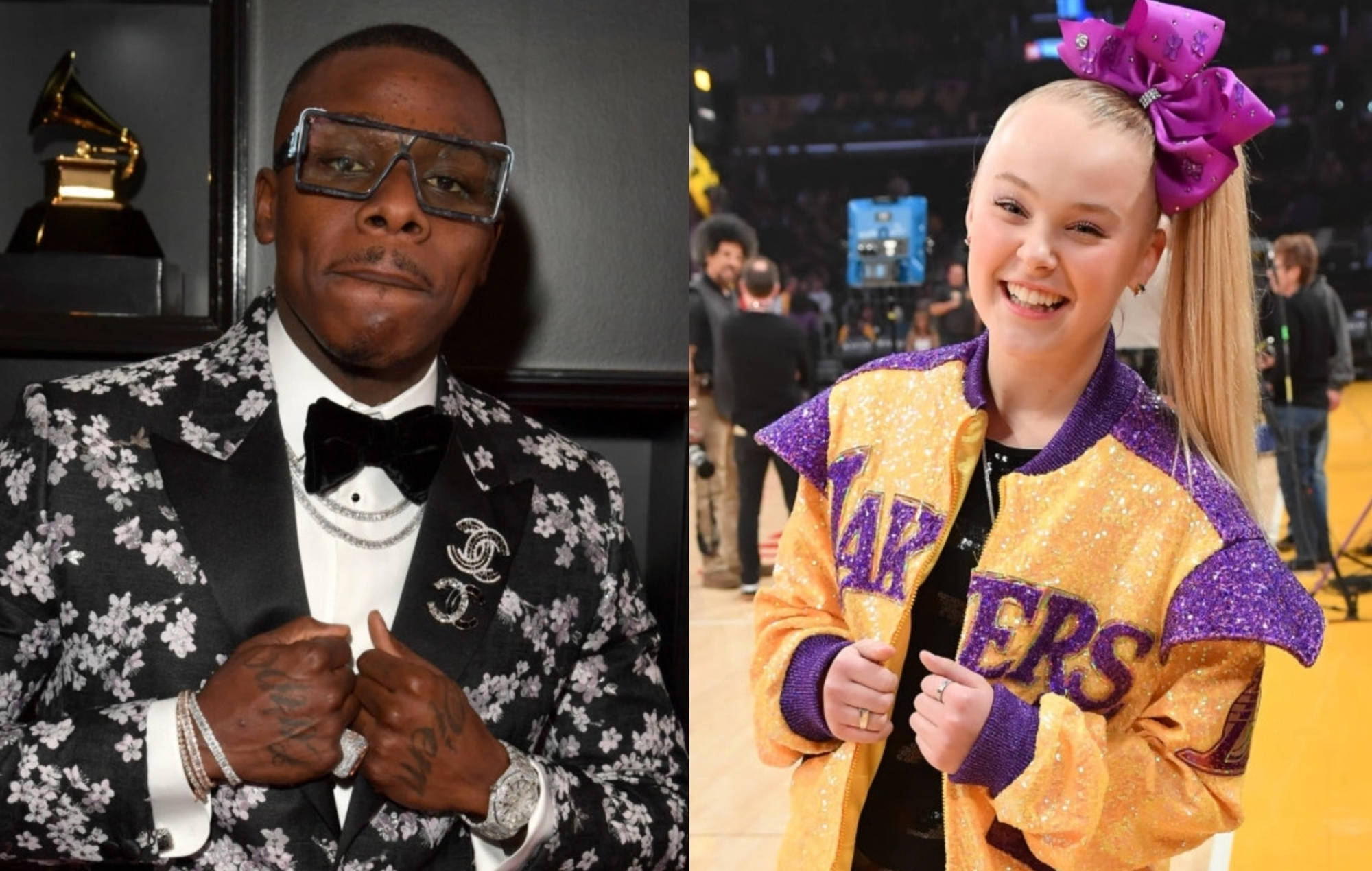 Jojo Siwa 與 DaBaby 合照 壁紙 — 一個時尚男士穿著花卉圖案燕尾服和一個微笑女孩穿著閃亮湖人隊夾克的分割肖像。
