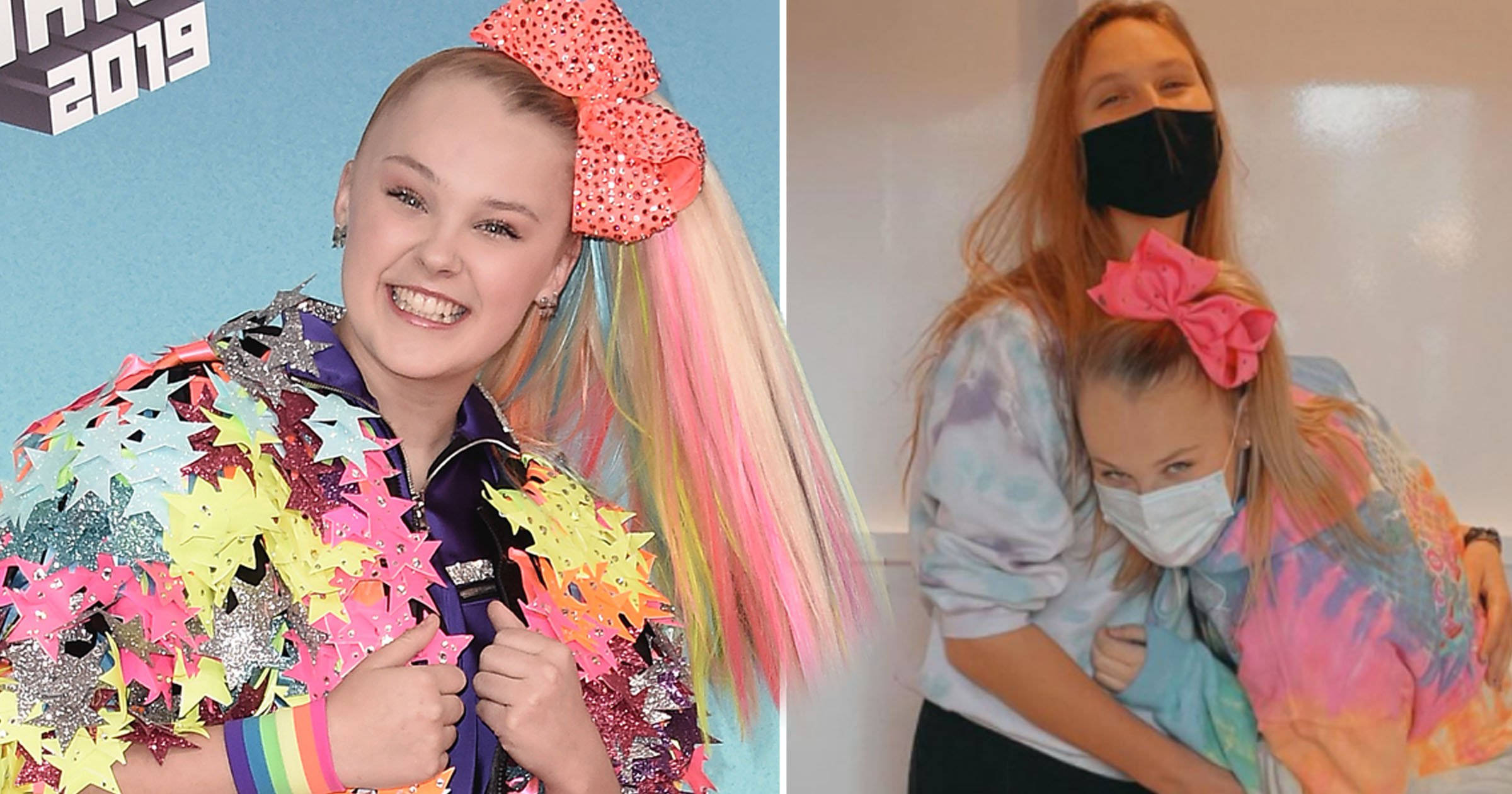 Jojo Siwa 與一位女孩同框 壁紙 — JoJo Siwa 身穿星星外套，彩虹頭髮配粉紅蝴蝶結，與穿著紮染襯衫的媽媽一起戴口罩，露出燦爛笑容。
