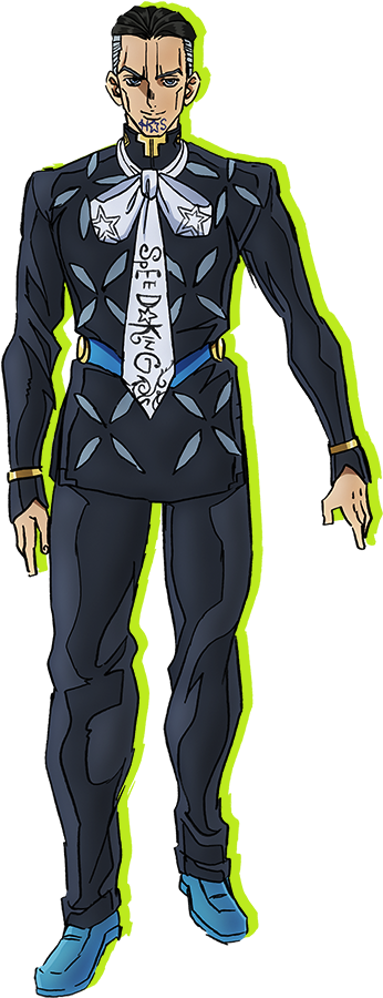 JoJo角色站立姿勢 壁紙 — 一個風格化的動漫男子，身穿帶有星星圖案的黑色西裝和藍色鞋子，站在純色背景前。