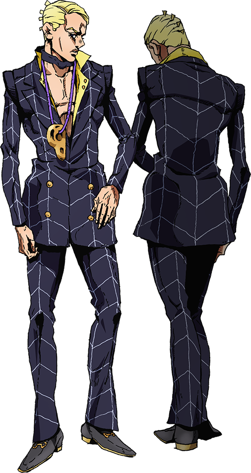 JoJo金髮角色藍色西裝 壁紙 — 動漫角色正面和背面展示，身穿深藍色格紋西裝，配金色鈕扣和黃色領口。