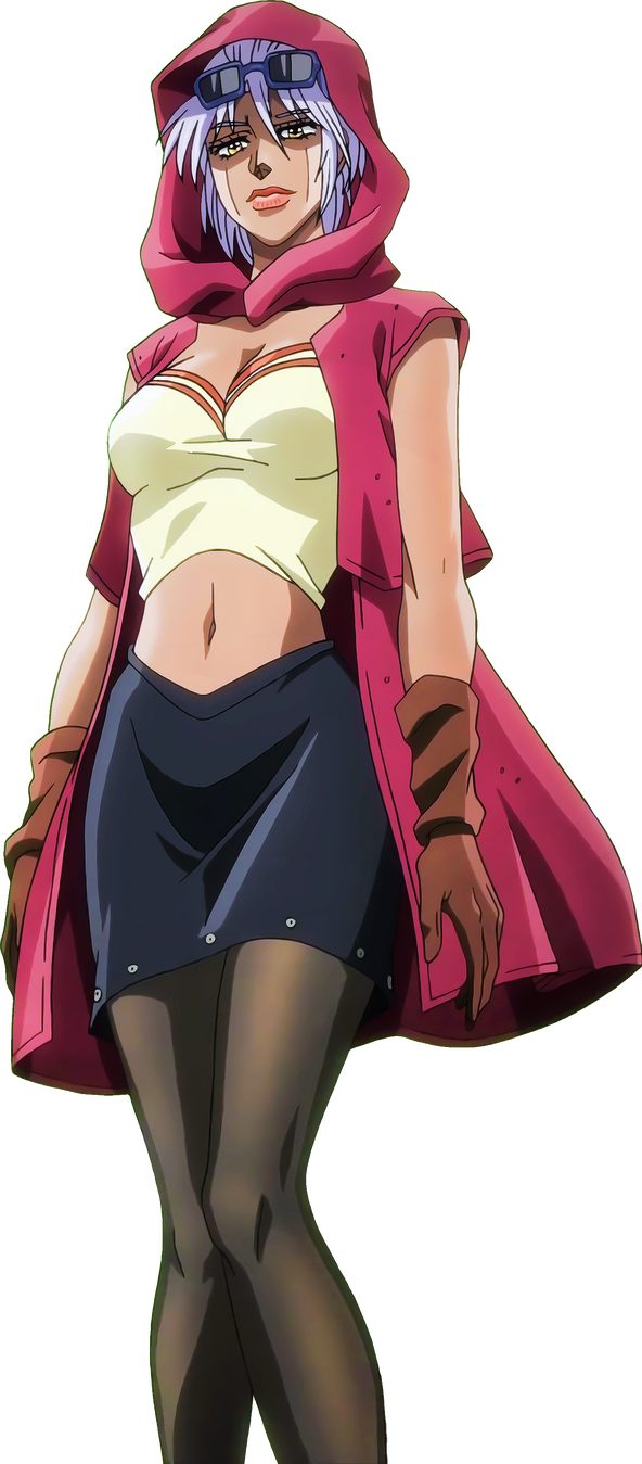 JoJo動畫角色姿勢 壁紙 — 一個自信的紫髮動漫女孩，穿著粉紅色連帽斗篷和太陽眼鏡，站在黑色背景前。