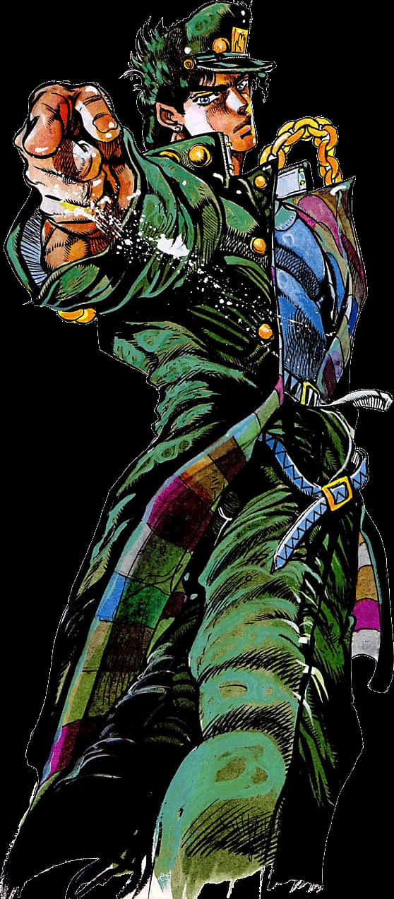 空條承太郎《JoJo的奇妙冒險》姿勢 壁紙 — 一個動態動漫角色穿著綠色軍裝外套，在黑色背景下以強烈的表情指向前方。