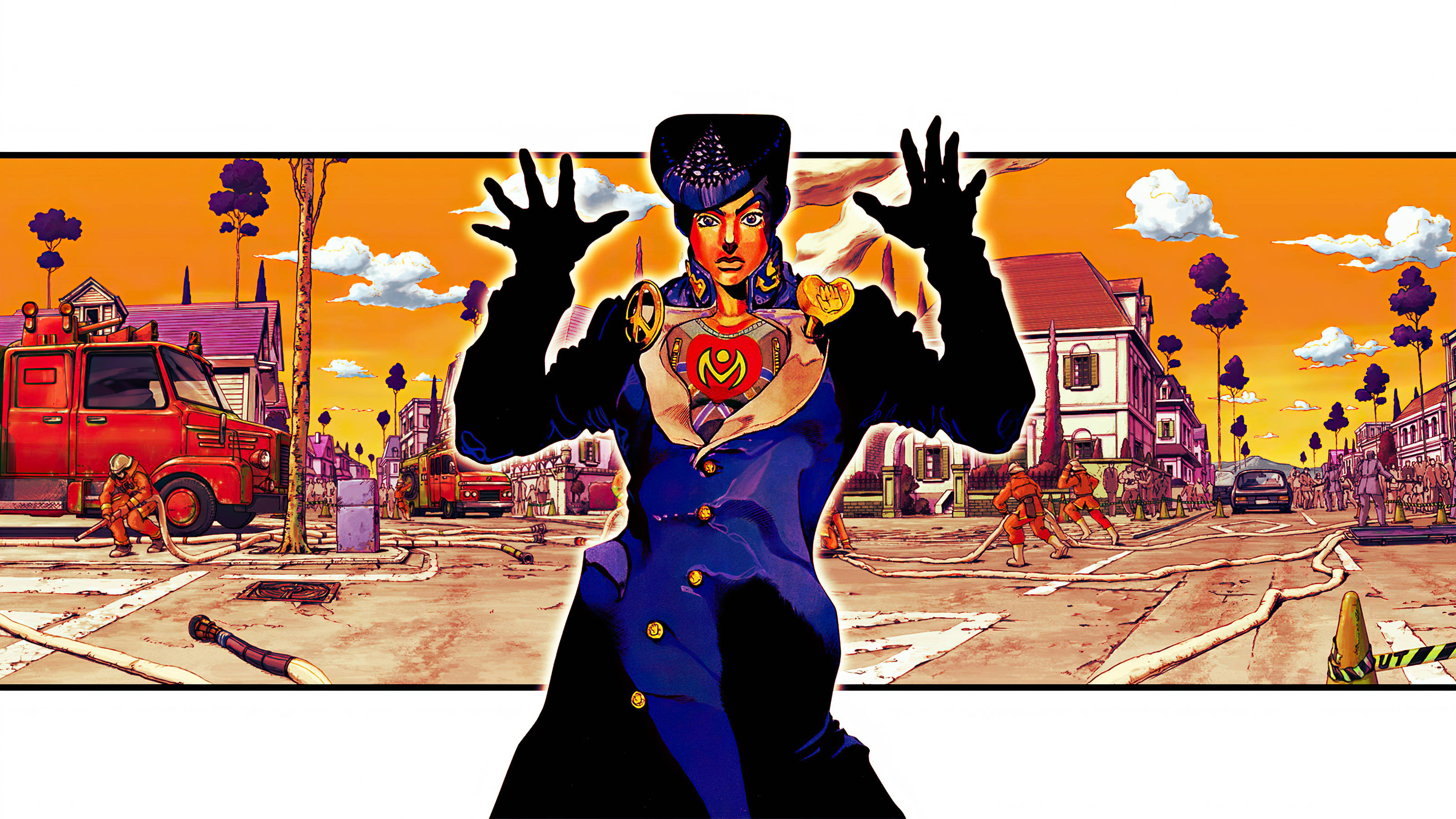 《JoJo的奇妙冒險》喬斯克擺姿勢 壁紙 — 一個風格化的動漫角色穿著藍色西裝，在火紅橙色日落街景中舉起雙手，背景有消防員和復古汽車。
