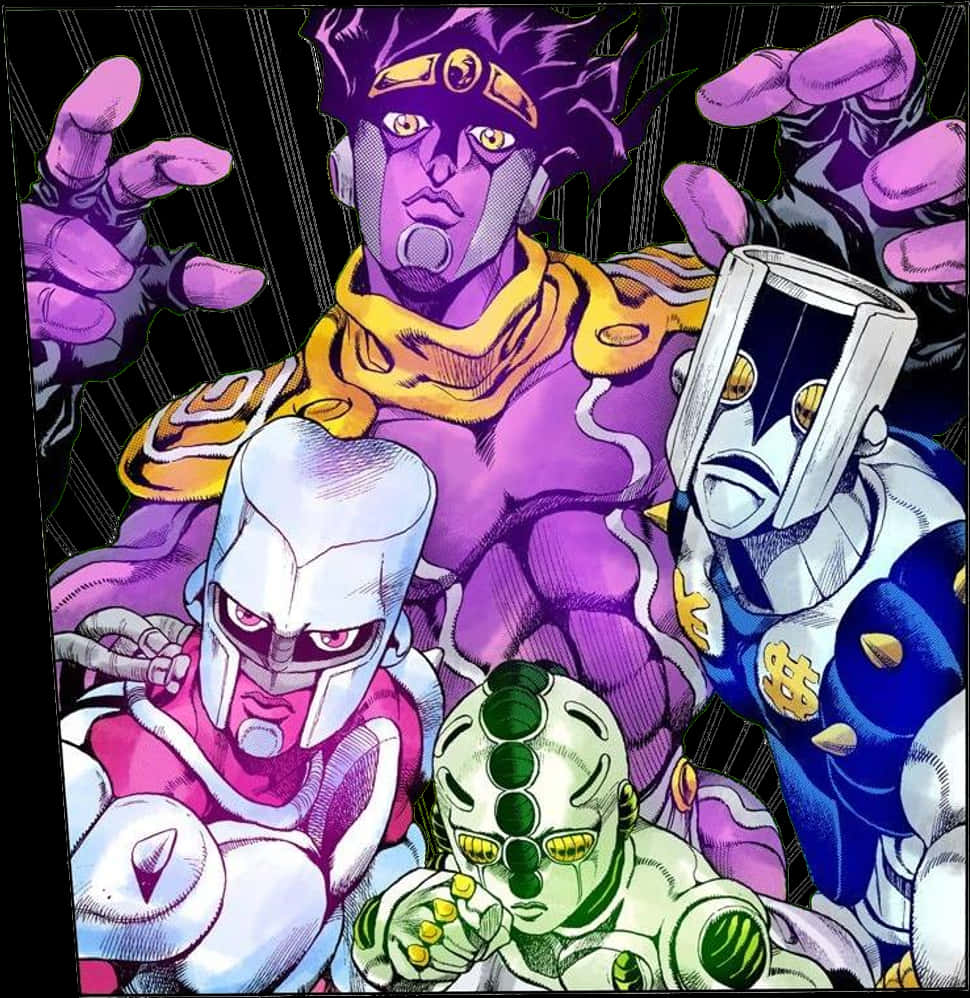 JoJo替身展示 壁紙 — 四個動漫角色身穿大膽的紫色、綠色和藍色盔甲，在黑暗背景下擺出動態漫畫姿勢。