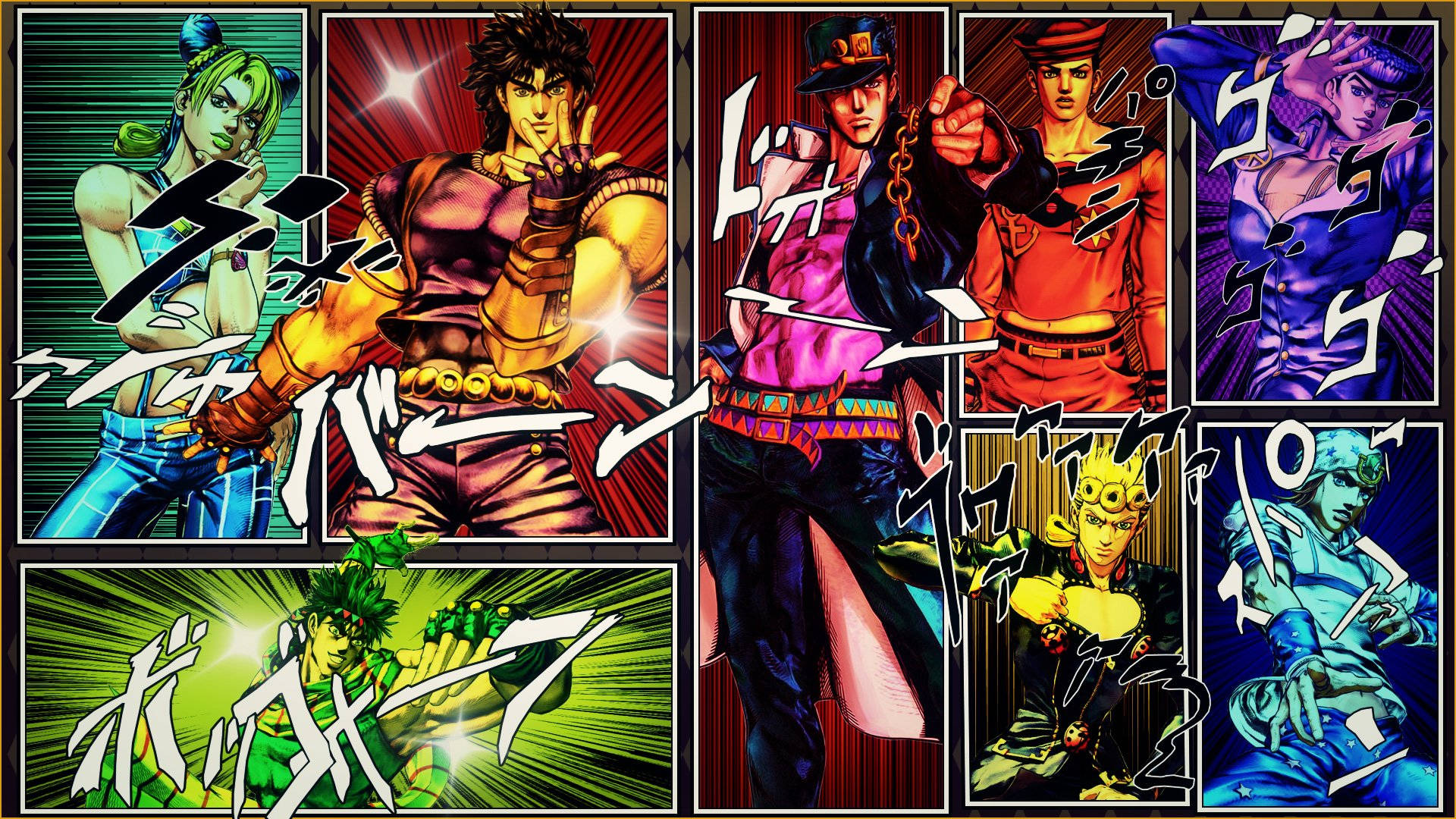 《JoJo》：充滿冒險與刺激的角色 壁紙 — 充滿活力的動漫角色，在動態漫畫面板中帶有鮮豔色彩和日文文字疊加。