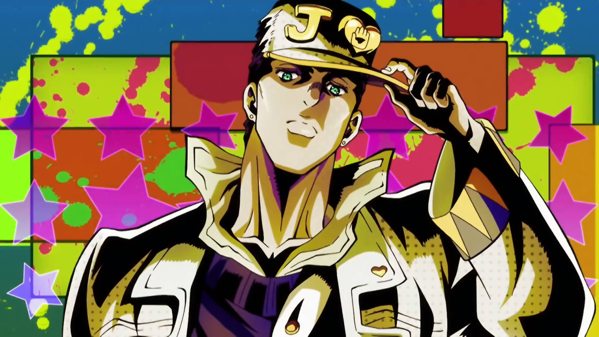 《JoJo 的奇妙冒險》主角 Jotaro Kujo 壁紙 — 一個自信的動漫角色，戴著金色帽子和穿著金色外套，在充滿星星和潑濺的鮮豔塗鴉風格背景前擺姿勢。