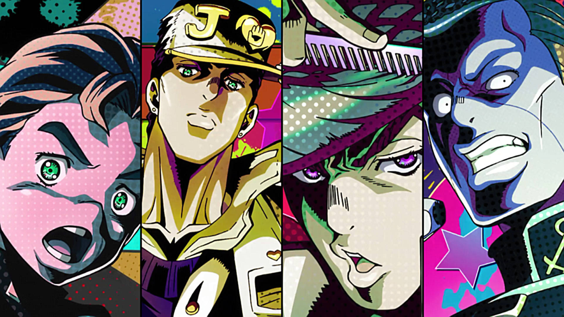 JoJo 的奇妙冒險 東方定助與夥伴們 壁紙 — 充滿活力的動漫角色，搭配大膽的輪廓和普普藝術背景，構成動態垂直拼貼。