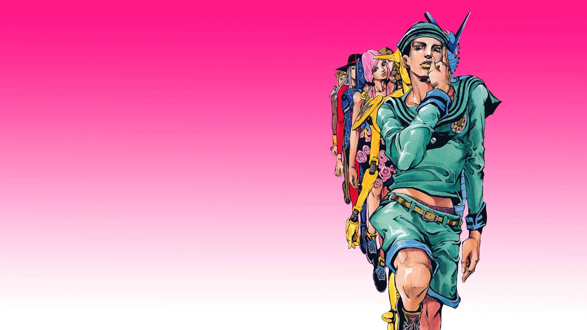 JoJo 的時尚潮流 壁紙 — 一幅充滿活力的動漫風格插圖，描繪了一位身穿綠色衣服的主角和一組色彩繽紛的角色，背景為粉紅色漸變。