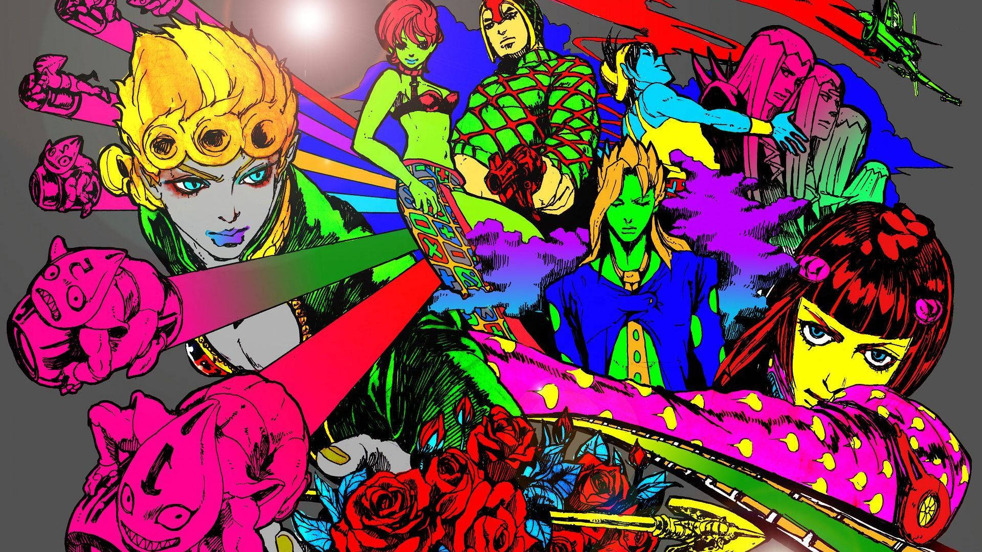 JoJo 的高畫質塗鴉藝術 壁紙 — 充滿活力的動漫角色，帶有粗線條和飽和色彩，在灰色背景上動態碰撞。