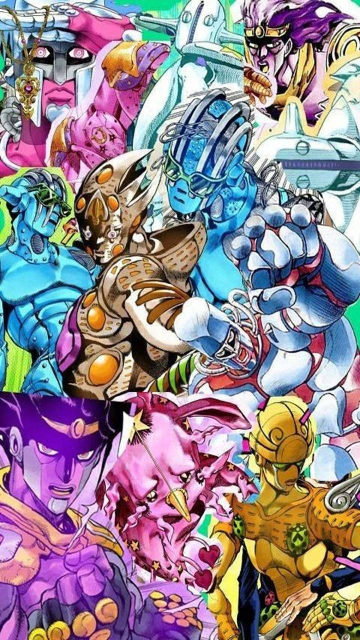 JoJo 站點合體，共創強大力量 壁紙 — 充滿活力的動漫角色，以動態姿勢展現大膽色彩和誇張表情。