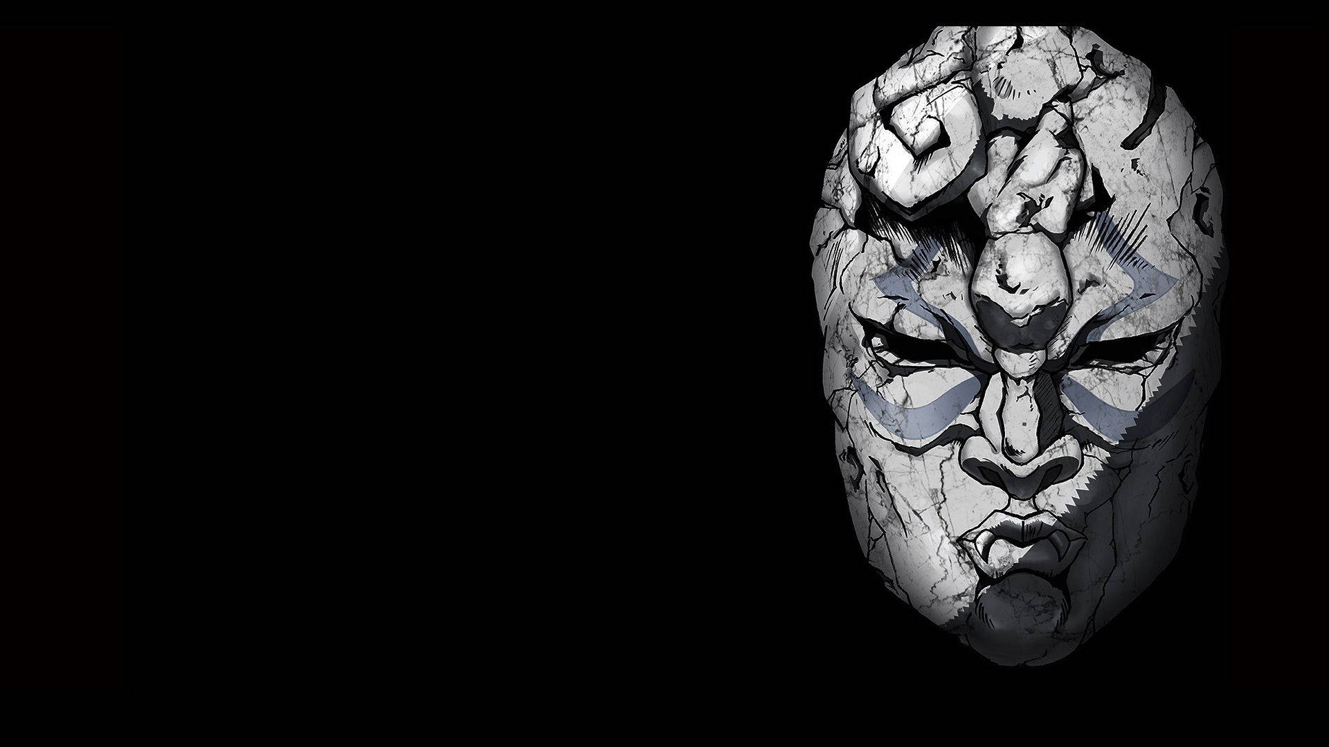 《JoJo 黃金之風》中的古石面具 壁紙 — 一個破裂的石面具，帶有兇猛的眼睛和藍色標記，在黑色背景上發光。