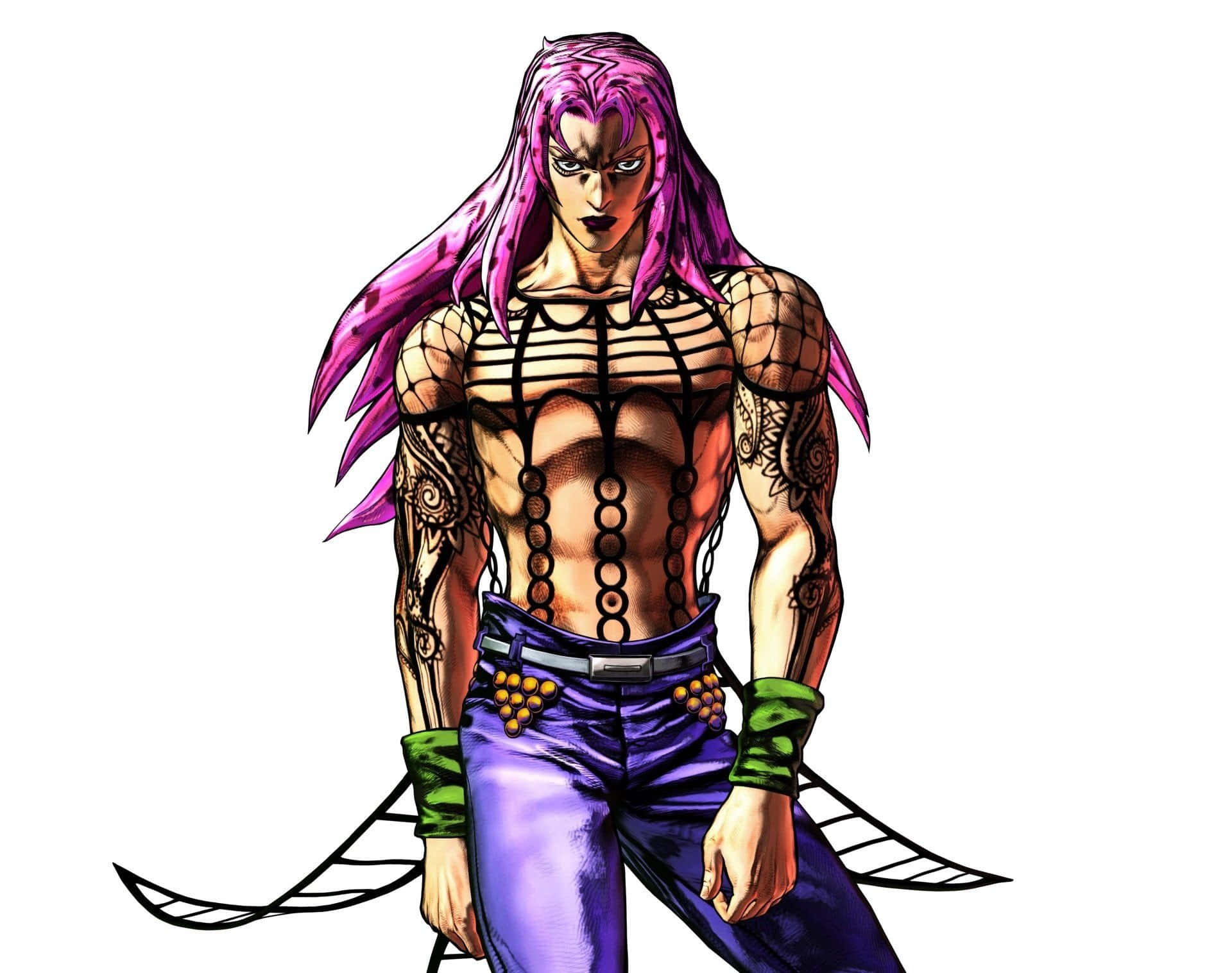 《JoJo的奇妙冒險》反派角色Diavolo 壁紙 — 一個肌肉發達的動漫角色，長長嘅粉紅色頭髮同紋身，著住黑色網紋上衣同紫色褲，背景係白色。
