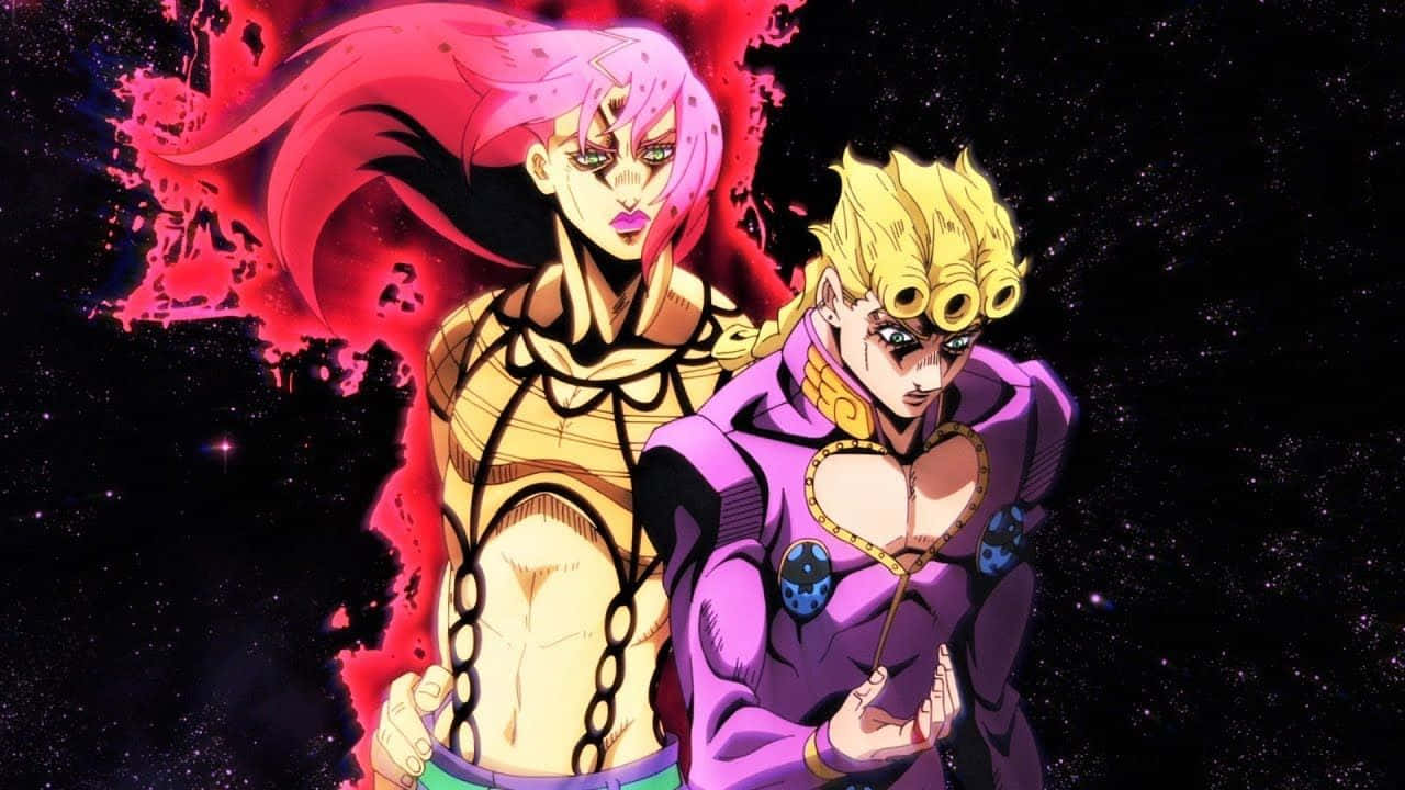 《JoJo的奇妙冒險》反派Diavolo的陰鬱肖像 壁紙 — 兩個動漫角色，一頭粉紅和金色頭髮，站在帶有紅色能量爆發的宇宙背景前。