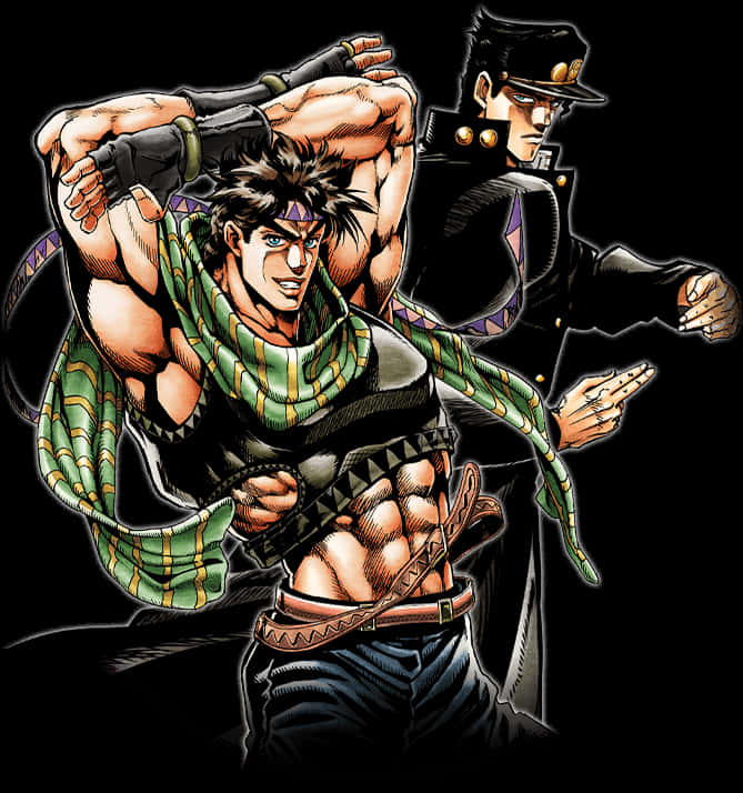 JoJo角色Jotaro與Joseph插畫 壁紙 — 兩個肌肉發達的動漫角色在黑色背景上以動態戰鬥姿勢呈現，帶有粗線條和鮮豔色彩。