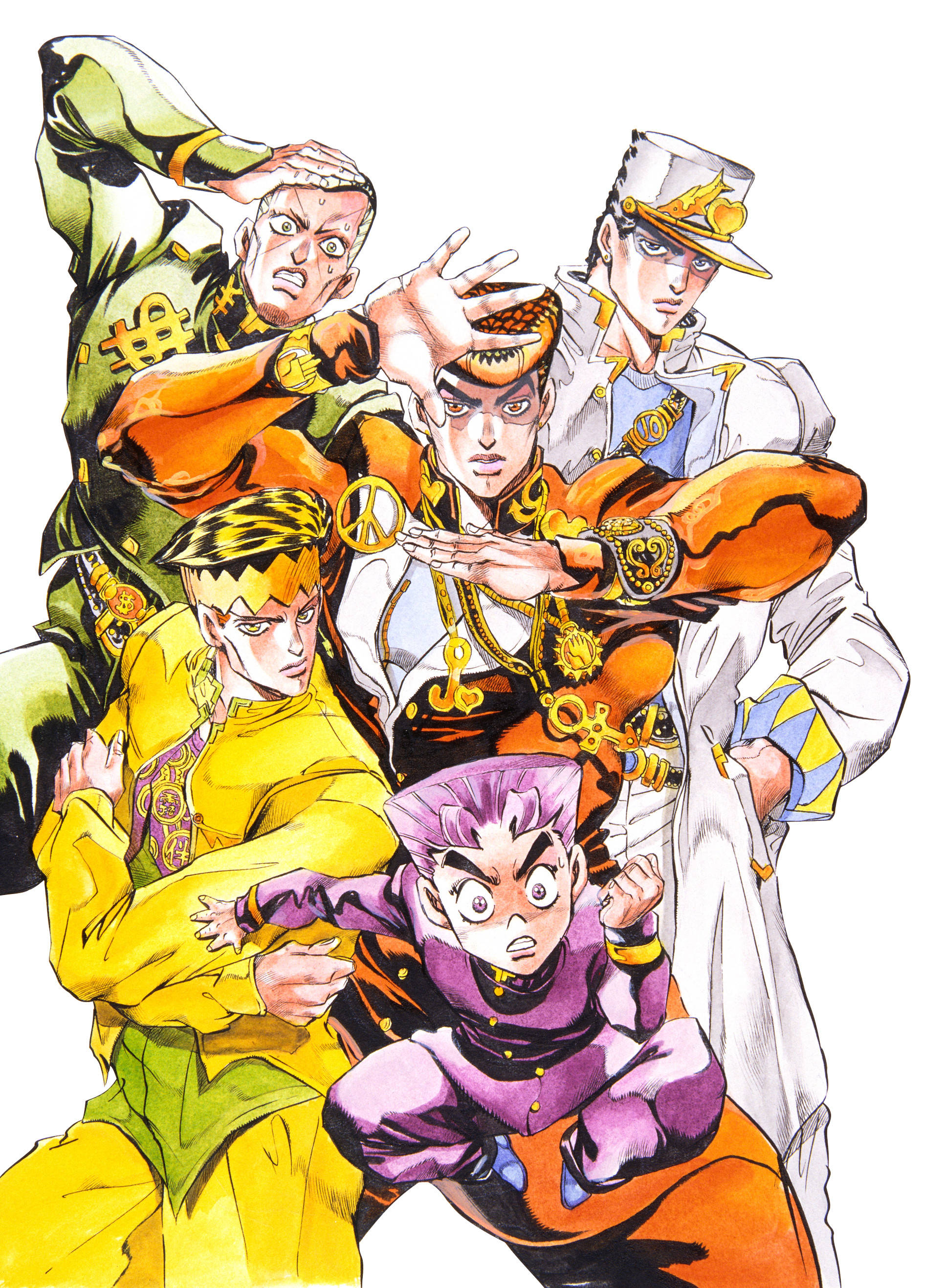 JoJo手機《無限之鑽》 壁紙 — 五個動漫角色以動態姿勢展現，色彩大膽，服飾精緻，背景為白色。