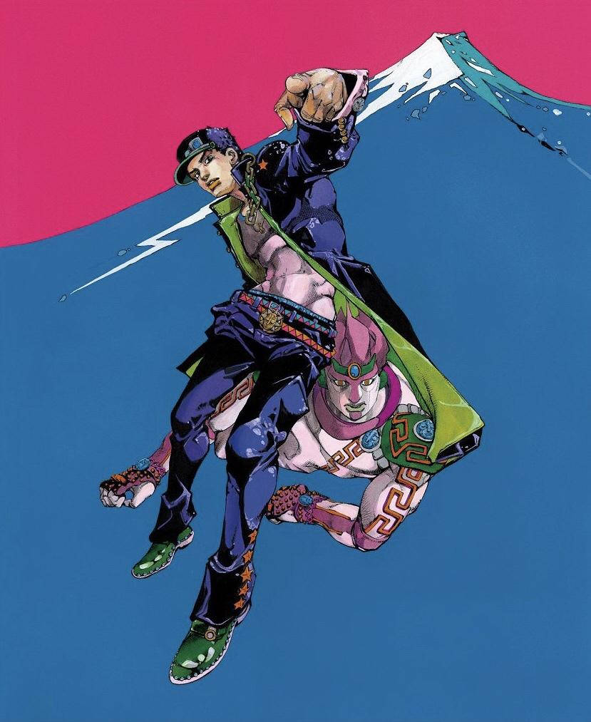 JoJo手機富士山 壁紙 — 兩個動漫角色在分裂的粉紅和藍色天空下動態跳躍，背景有風格化的山脈。