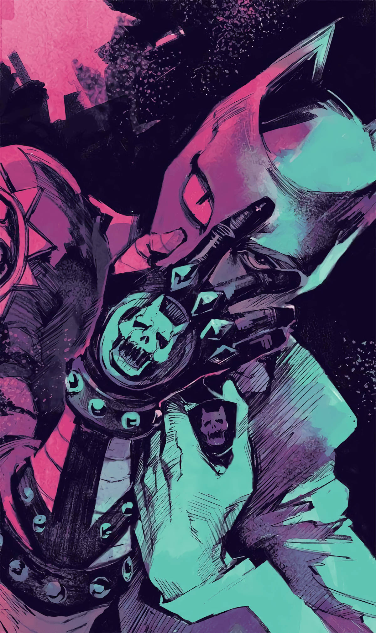 JoJo手機殺手女王 壁紙 — 一個風格化的漫畫角色戴著骷髏主題手套，在黑暗的城市背景下手持發光骷髏吊墜。
