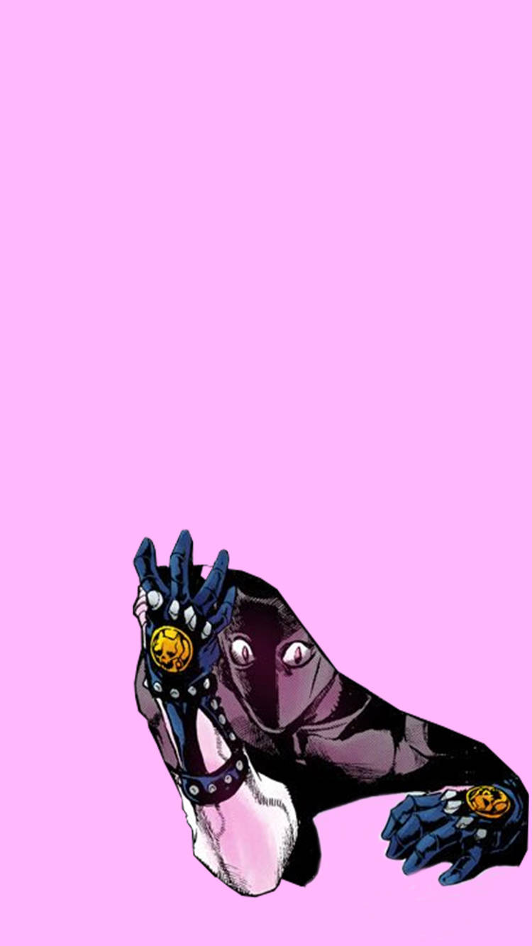 JoJo手機殺手女王偷窺 壁紙 — 一隻風格化的動漫手，戴著骷髏戒指和白色毛皮袖口，背景為純粉色。