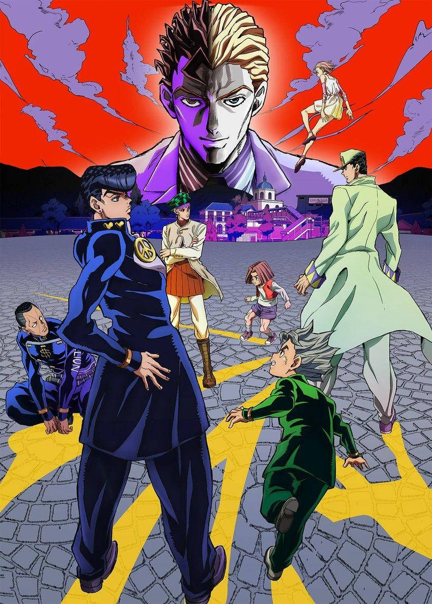 JoJo手機第三部 壁紙 — 一個充滿動感的動漫場景，角色們穿著鮮豔的服裝，站在鵝卵石廣場上，天空火紅。