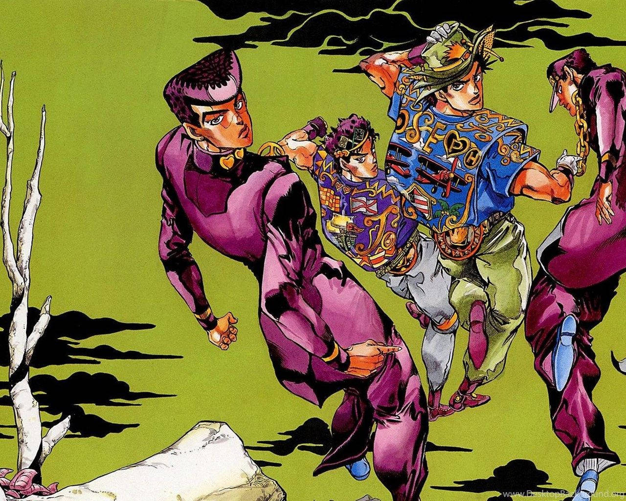 JoJo熱愛他的「金風」 壁紙 — 三個動漫角色穿著鮮豔的紫色和藍色服裝，在一個有裸露樹木和烏雲的荒涼綠色田野上動態奔跑。