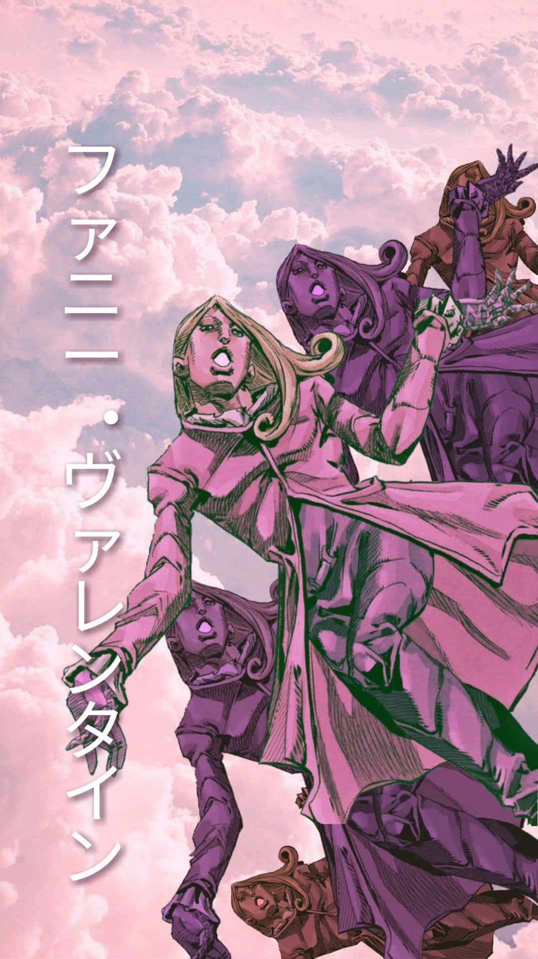 穿著紫色長袍的動漫角色在帶有日文字樣的粉紅雲天下。