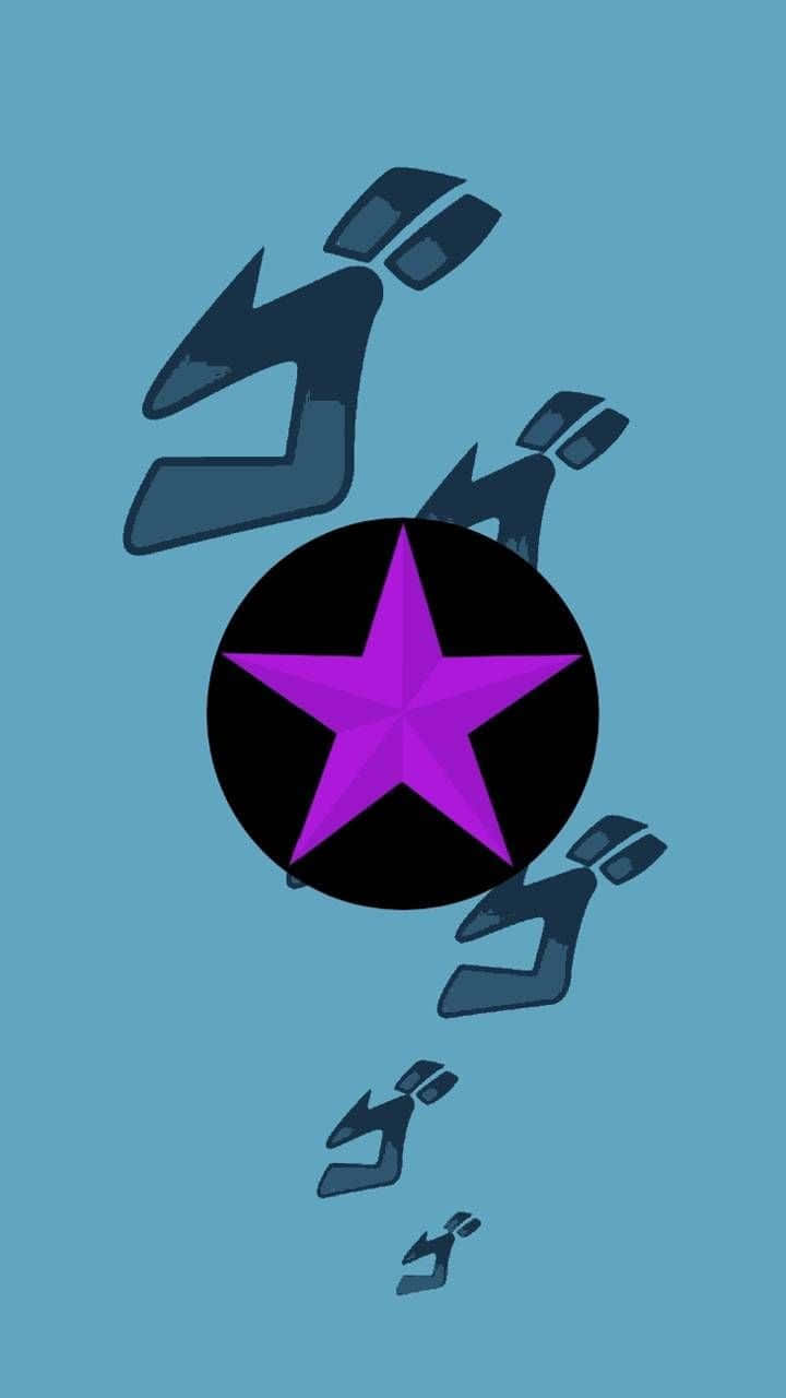 黑色圓圈中的紫色星星，藍色背景上有抽象形狀