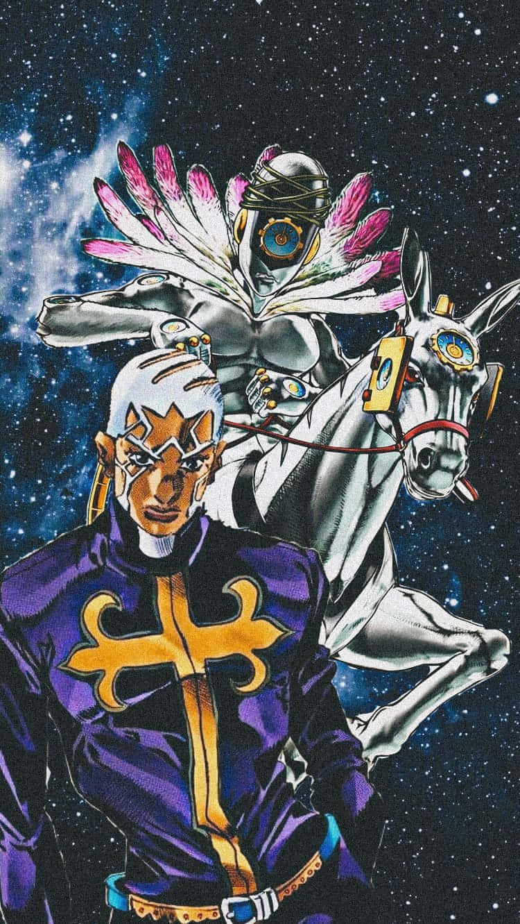 《JoJo的奇妙冒險》中的「替身」 壁紙 — 一個宇宙動漫場景，一個穿著紫色衣服、帶有金色十字架的男人站在一個騎著白色馬、有粉紅色羽毛翅膀的騎手面前，背景是星空夜空。