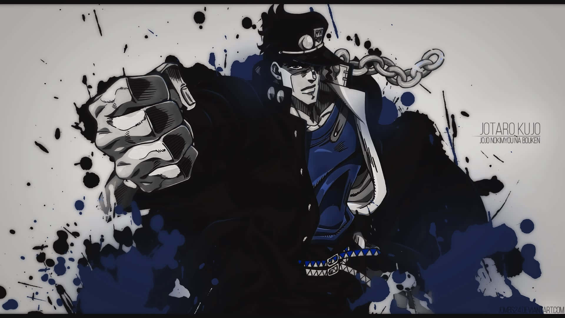 《JoJo的奇妙冒險》中的Jotaro Kujo——Stand使用者 壁紙 — 一個動態的動漫角色穿著藍色襯衫和帽子，用鏈條武器向前出拳，周圍有黑色和藍色的油漆飛濺。