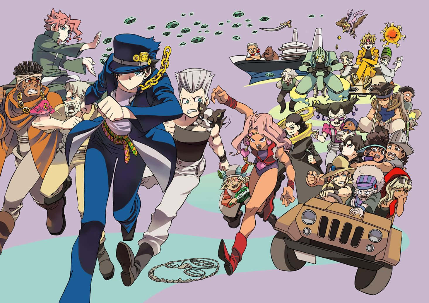 《JoJo的奇妙冒險》中的勇猛主角Jotaro Kujo 壁紙 — 一幅動態動漫插圖，展示一大群不同角色在柔和的紫色背景上擺出動作姿勢。
