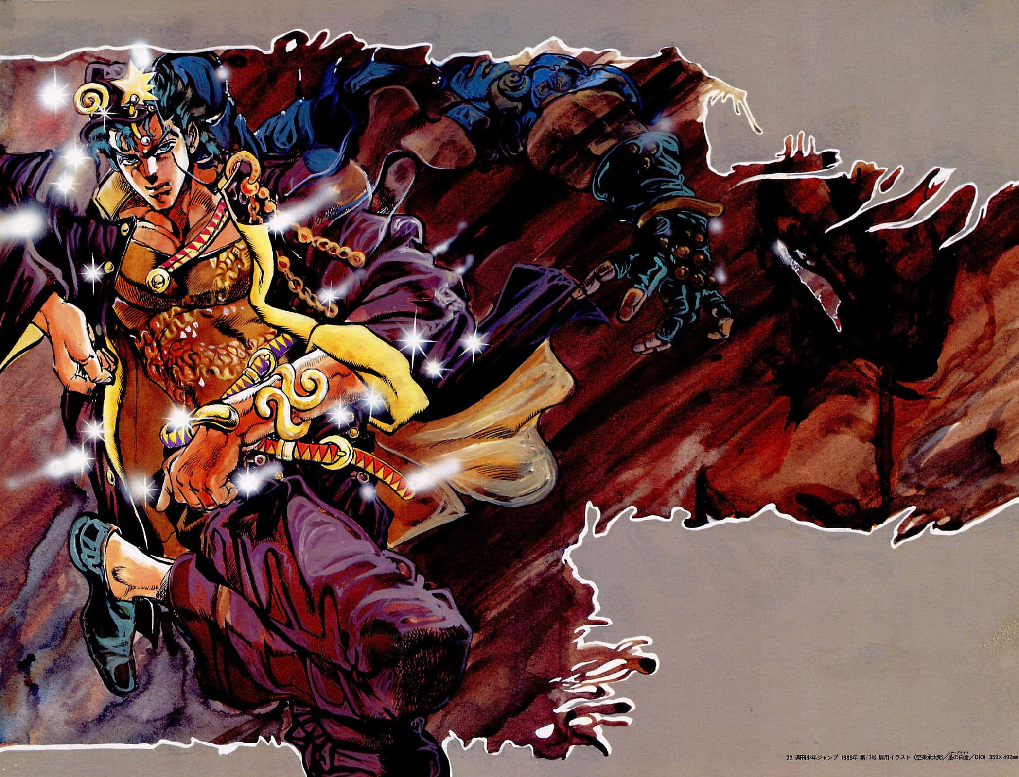 《JoJo的奇妙冒險》中的反派迪奧·布蘭度 壁紙 — 一個充滿動感的動漫戰士穿著華麗盔甲，穿過撕裂的紅棕色背景，伴隨著發光的能量效果。