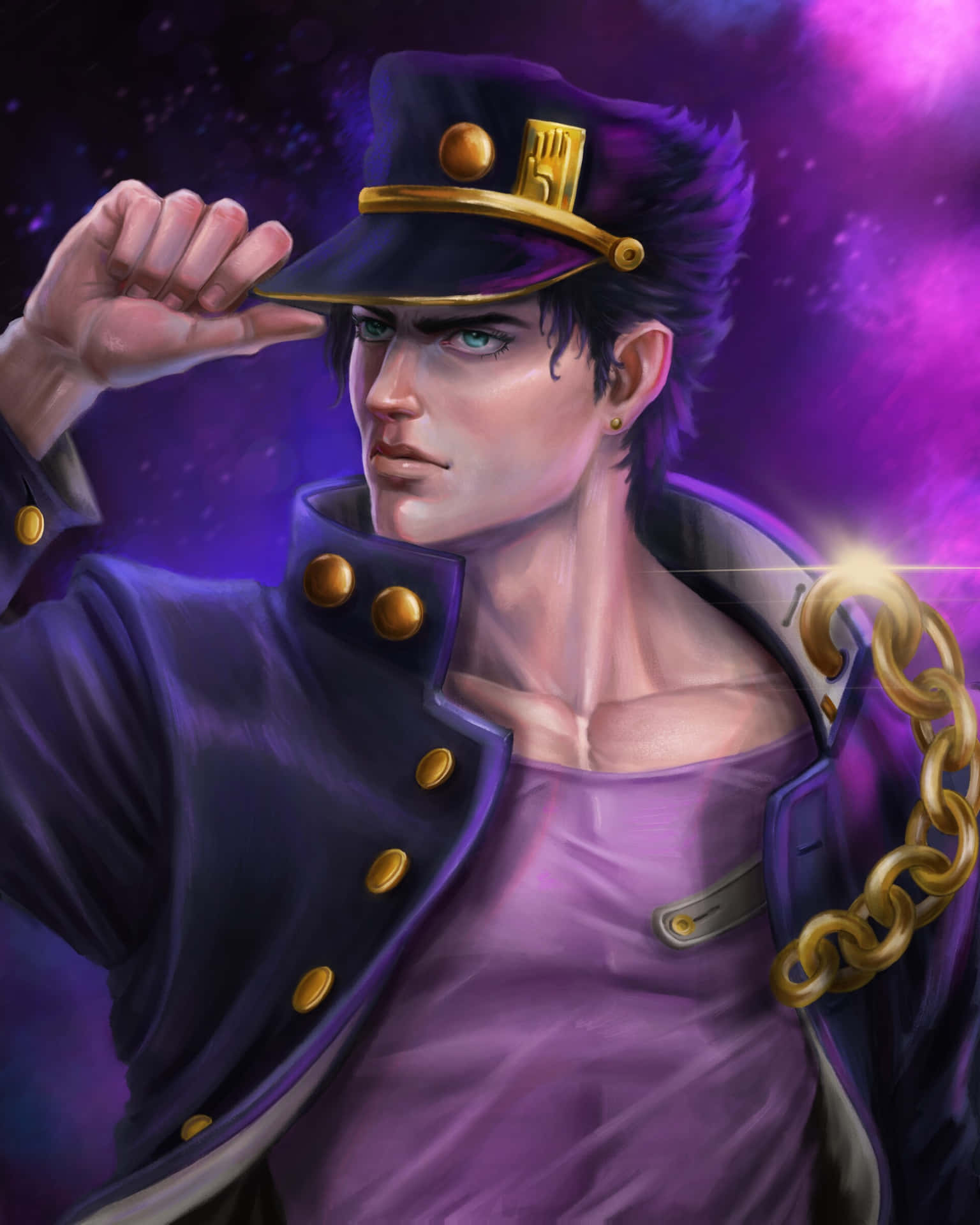 動漫角色穿著紫色制服在宇宙背景下敬禮。