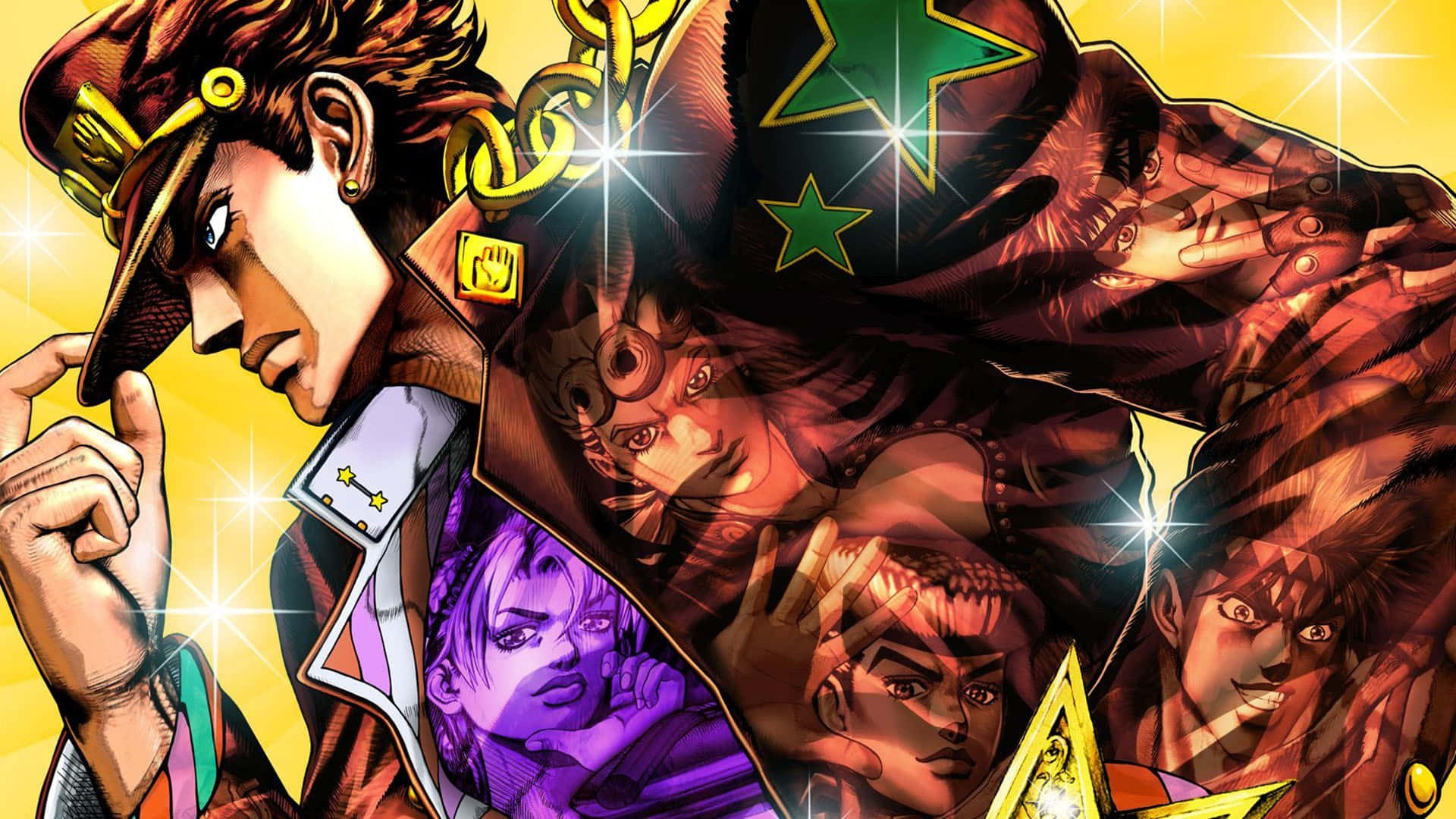 《JoJo的奇妙冒險》五位主角站在戰火遍佈的城市廢墟之上 壁紙 — 充滿活力的動漫角色，帶有星星圖案和粗線條，在明亮的黃色背景上迸發出來。