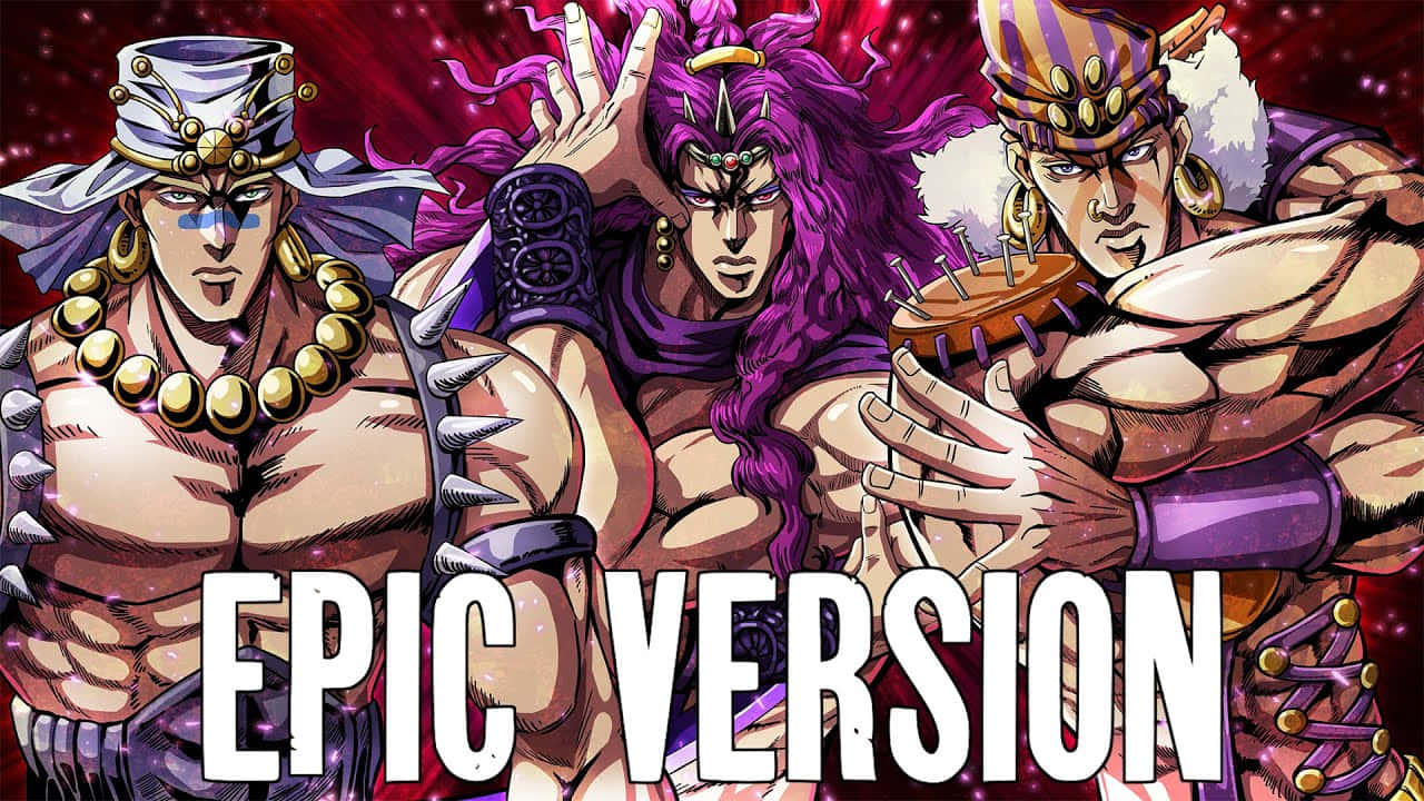 《JOJO的奇妙冒險》卡斯：終極生命體 壁紙 — 三位肌肉發達的動漫戰士，戴著精緻的頭飾和珠寶，站在一個帶有發光星星的宇宙紅色背景前。