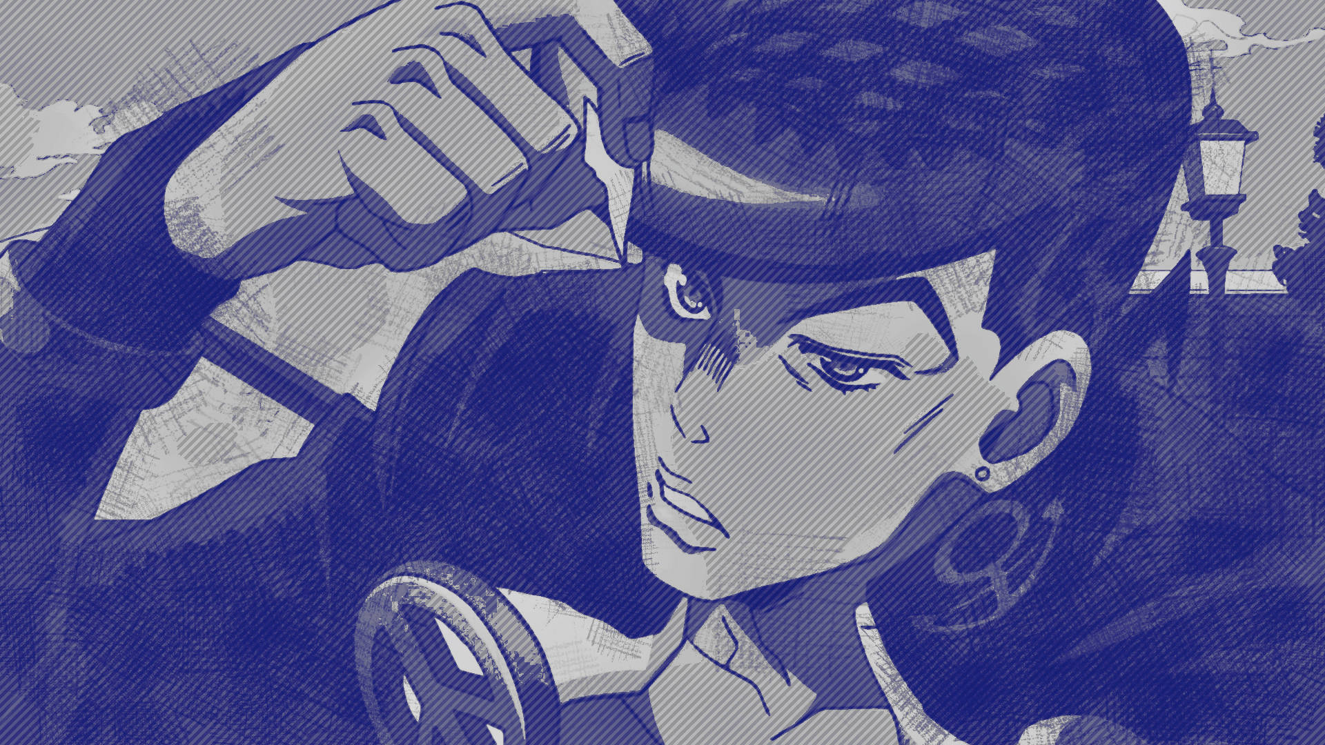 《JoJo的奇妙冒險》喬斯克顯困惑 壁紙 — 一個風格化的動漫角色，表情堅定，戴著帽子，以大膽的藍白色調和紋理背景呈現。
