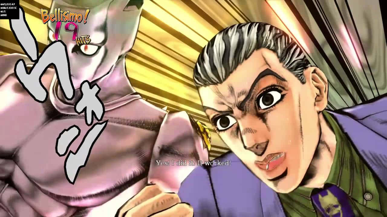 《JOJO的奇妙冒險》川崎晃在紫色背景中 壁紙 — 兩個動漫角色在一個動態動作場景中，線條大膽，色彩鮮豔。