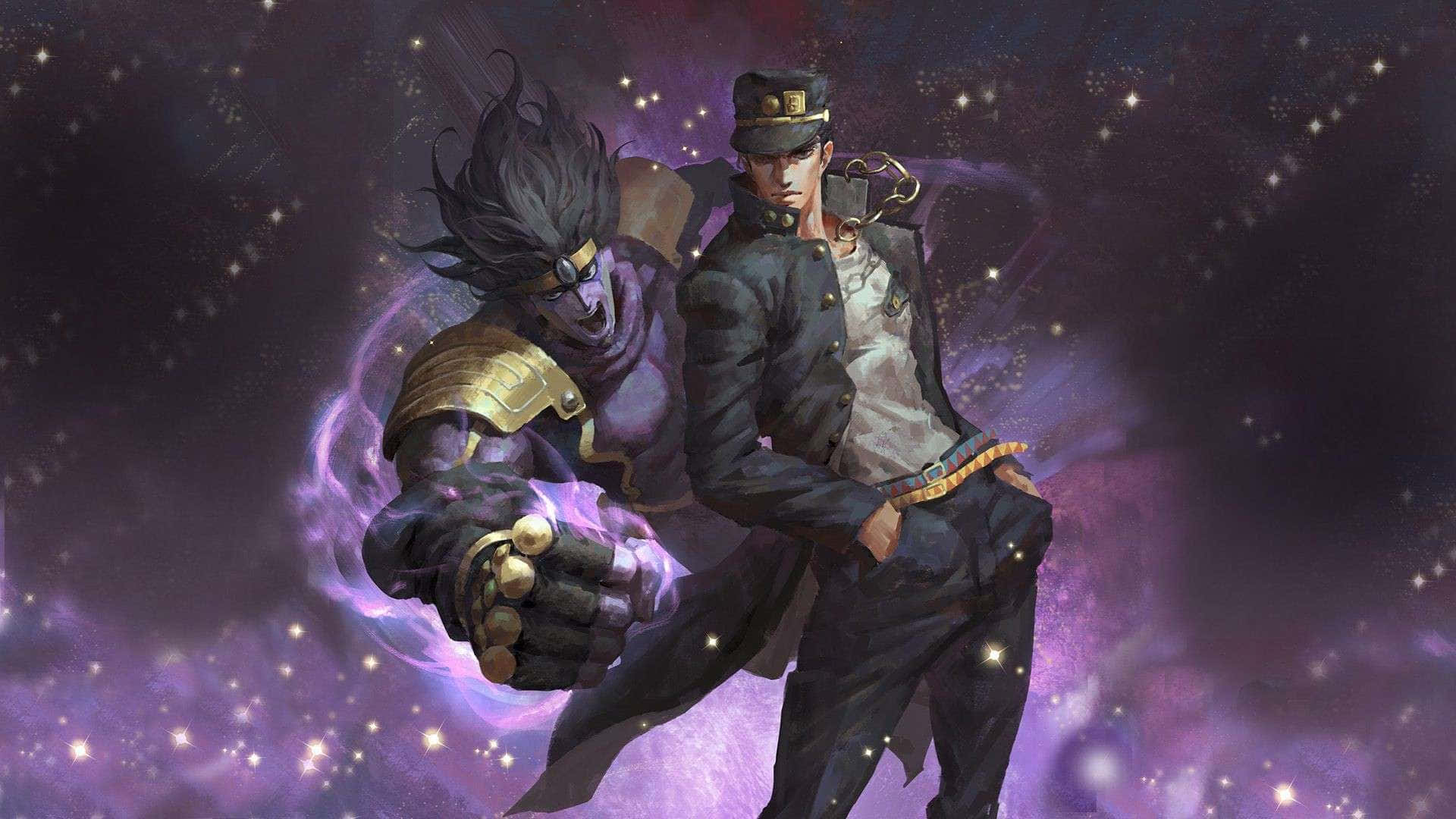 《JoJo的奇妙冒險》——強大而無畏的英雄們 壁紙 — 兩個動漫角色站在宇宙紫色星空背景下，一個穿著軍裝，另一個擁有發光的拳頭和狂野的頭髮。