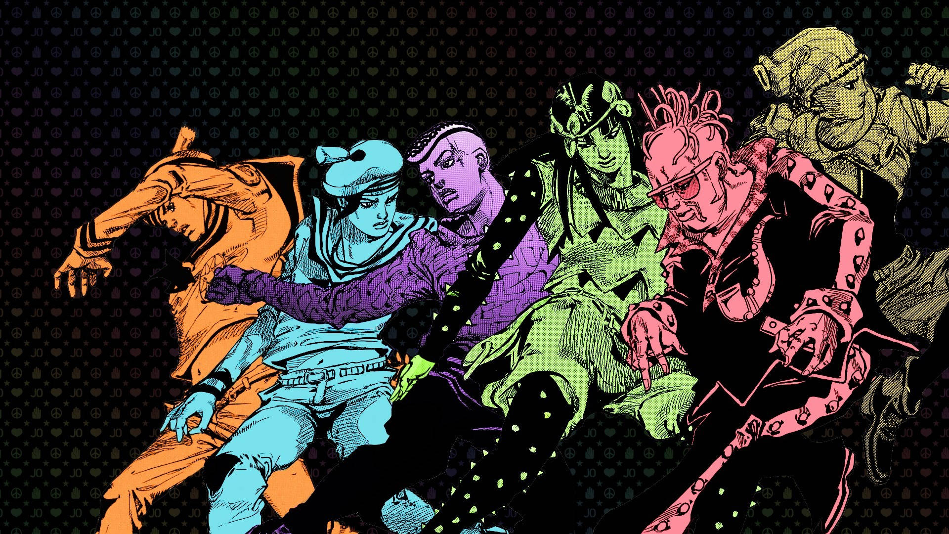 《JoJo的奇妙冒險》復古風格藝術 壁紙 — 充滿活力的動漫角色以大膽的霓虹色彩，在深色圖案背景上動態擺姿勢。