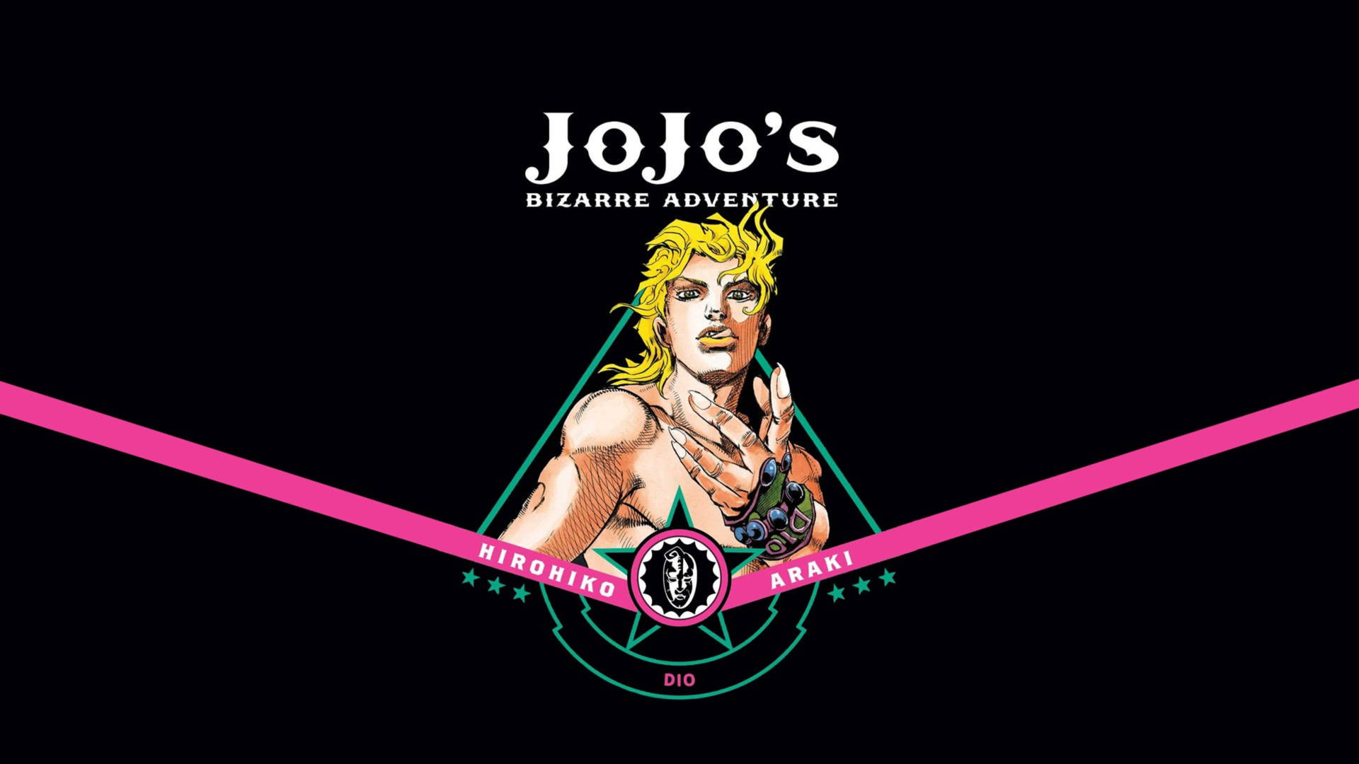 JoJo的奇妙冒險標誌， featuring 角色Dio，帶有粉紅色和藍綠色的幾何裝飾。