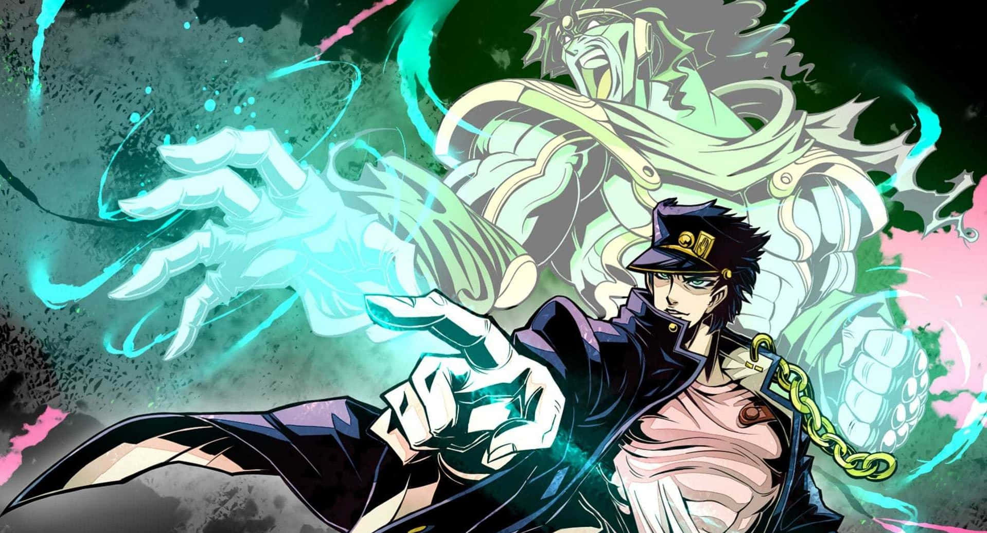 《JoJo的奇妙冒險》：生命的奧秘 壁紙 — 一個動態的動漫角色穿著黑色外套，釋放出發光的藍色能量，背後有一個幽靈般的身影在黑暗抽象背景中若隱若現。