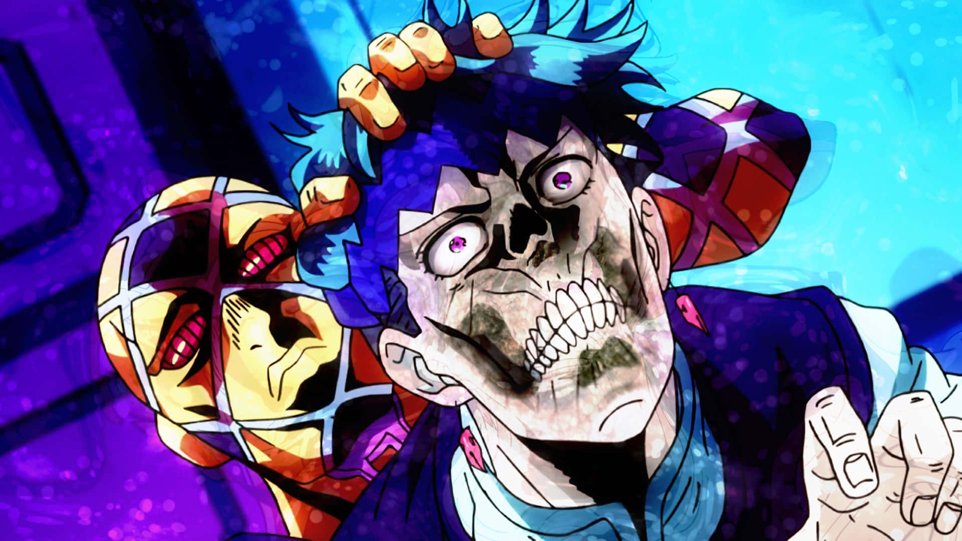 《JoJo的奇妙冒險》的世界 壁紙 — 一個風格化的動漫角色，有著骷髏臉和藍色頭髮，在充滿活力的紫色和藍色背景中緊抓著頭部。