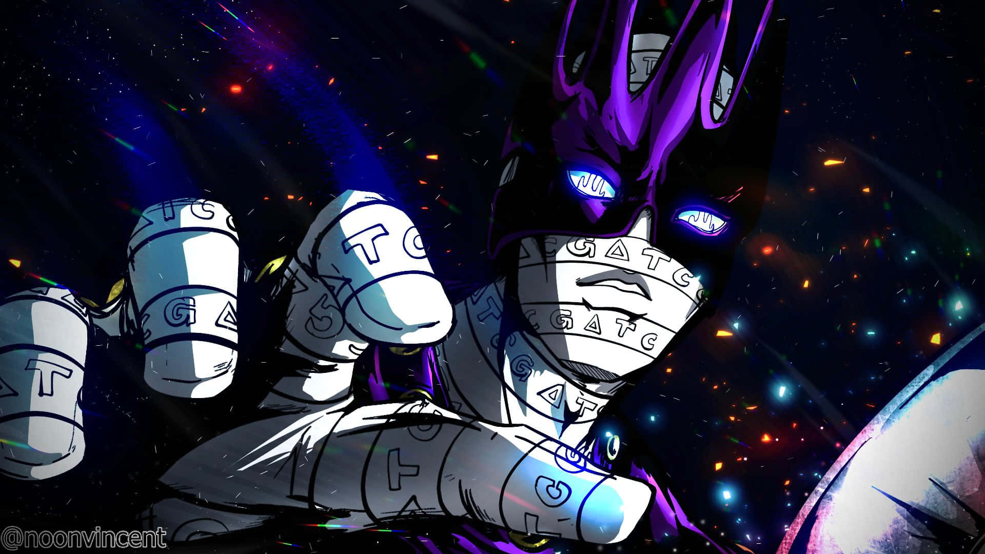 動漫角色穿著帶有「GATE」標記的白色盔甲，背景是繁星點點的太空。 — JOJO的奇妙冒險 壁紙
