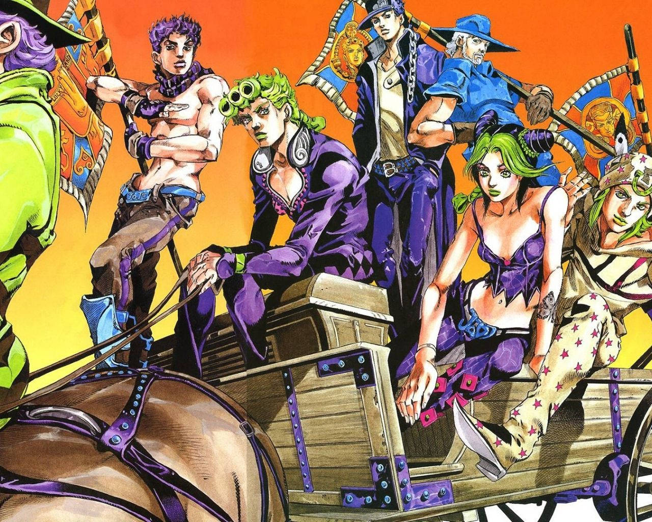 JoJo的奇妙冒險角色在木製馬車上的動態動漫插圖。